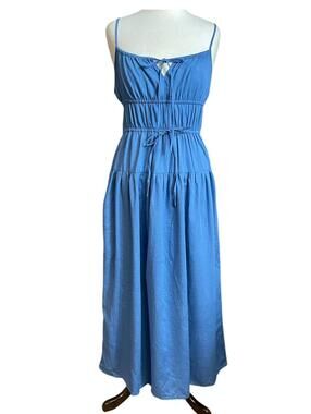 Sim & Sam Milkmaid blue tie front linen midi dress medium